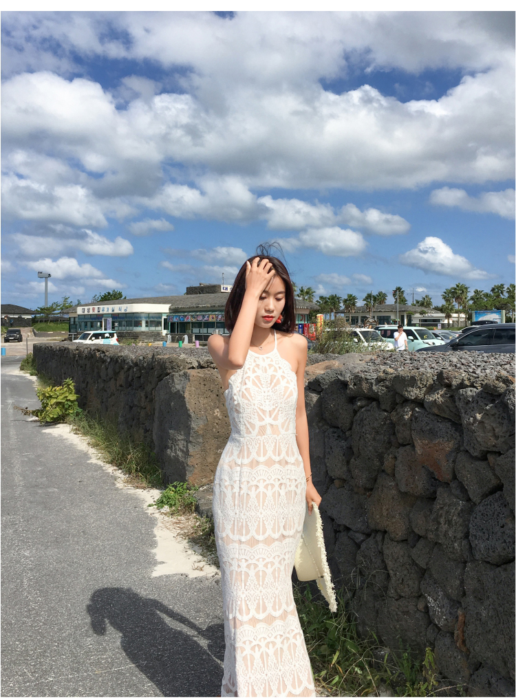 7093# 實拍海邊渡假風女裝露背魚尾連衣裙性感蕾絲巴厘島沙灘長裙