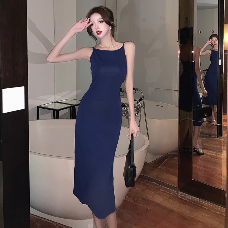 實拍法式吊帶連衣裙女夏款a字裙子露背沙灘背帶裙長裙高級感