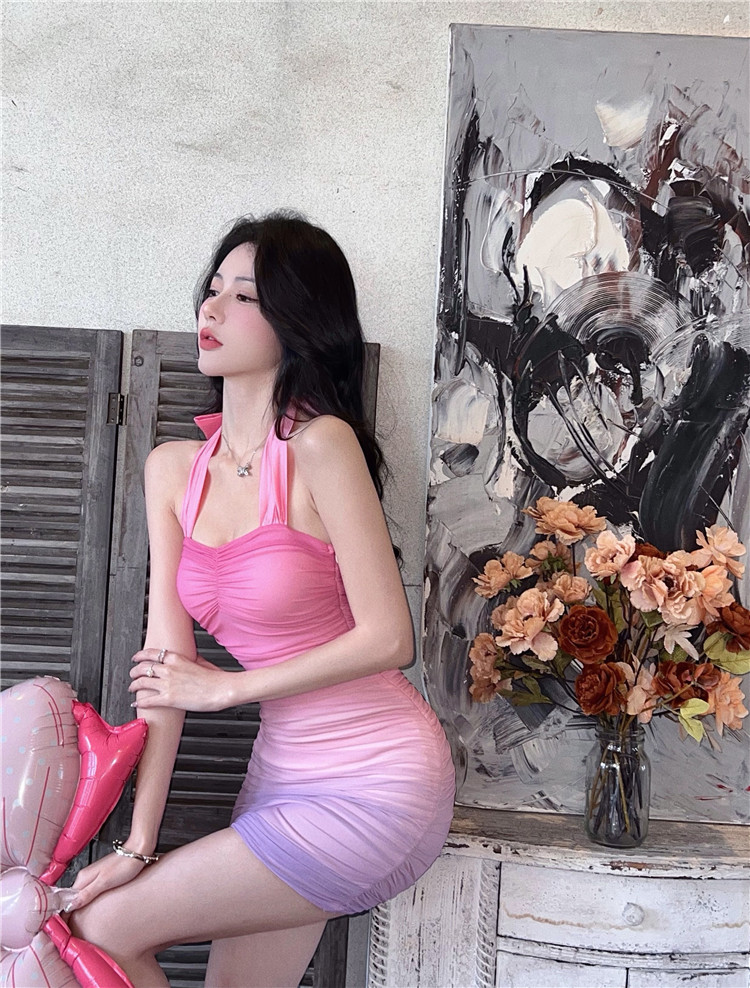 實拍實價  性感辣妹蝴蝶結掛脖漸變網紗顯瘦連衣裙包臀短款