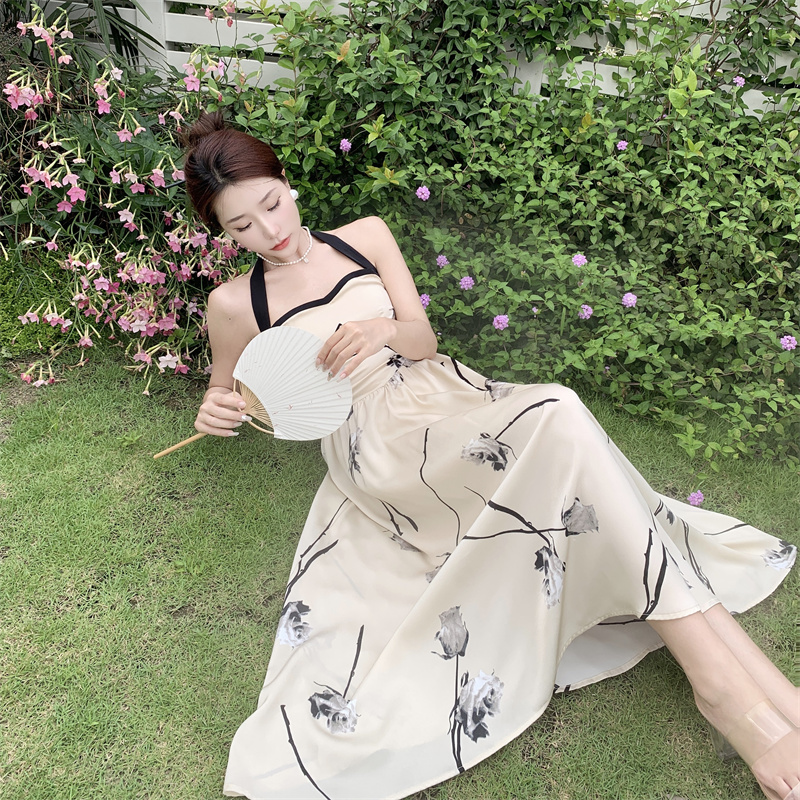 實拍  玉蘭復古國風掛脖連衣裙女夏季氣高級感質吊帶裙長裙