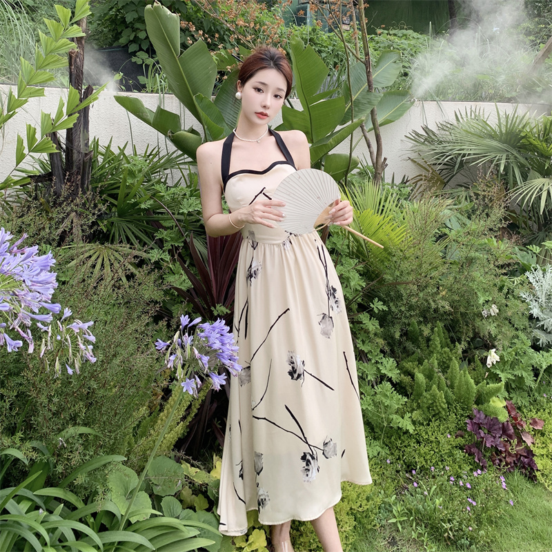 實拍  玉蘭復古國風掛脖連衣裙女夏季氣高級感質吊帶裙長裙
