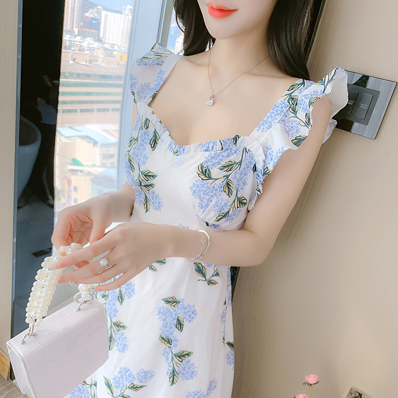 實拍2022年新款無袖吊帶法式高級感chic港風復古印花連衣裙子