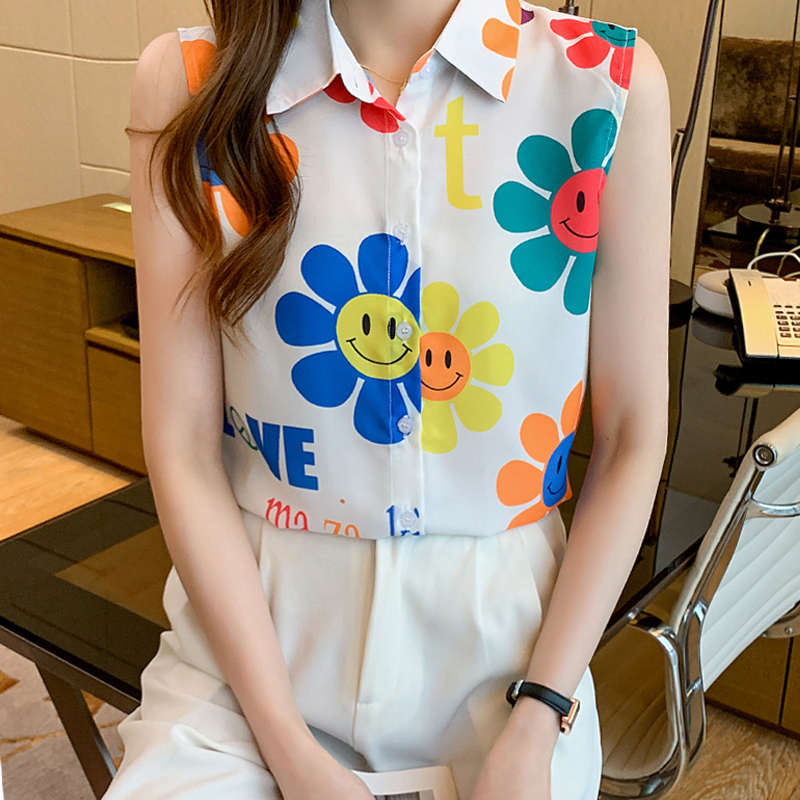 實拍洋氣夏季太陽花坎肩透氣背心女外穿襯衫無袖雪紡打底內搭上衣