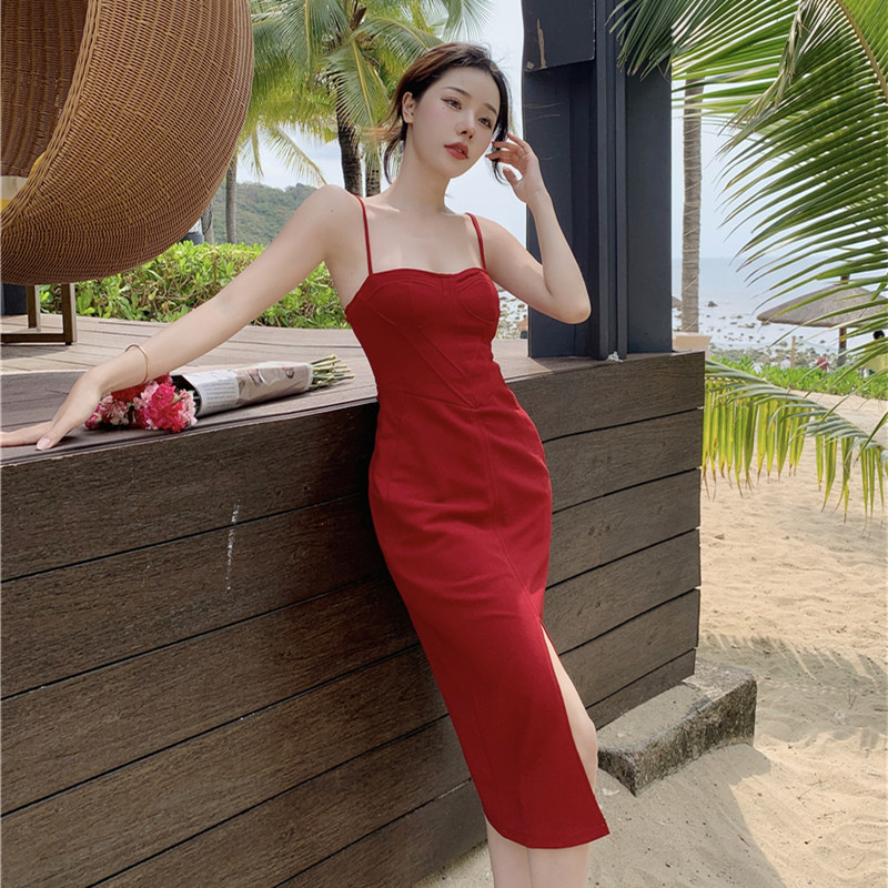 實拍 收腰吊帶連衣裙女夏季內搭法式復古氣質裙子有胸棉