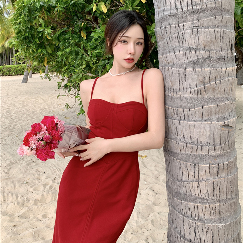 實拍 收腰吊帶連衣裙女夏季內搭法式復古氣質裙子有胸棉