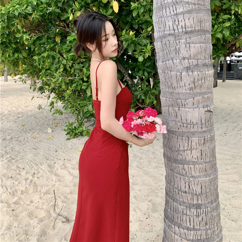 實拍 收腰吊帶連衣裙女夏季內搭法式復古氣質裙子有胸棉