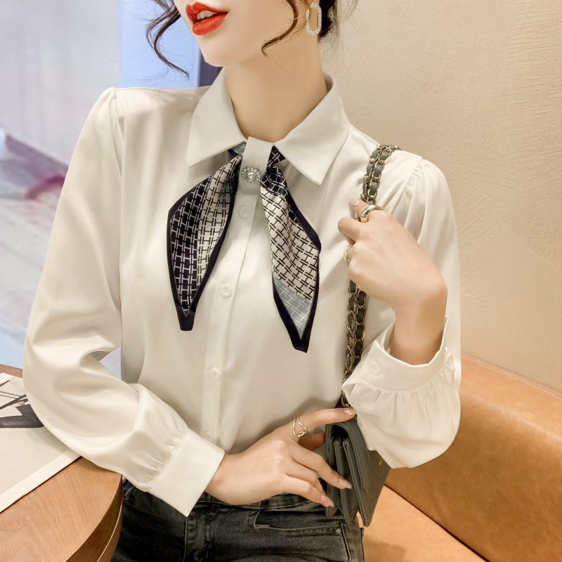 實拍 2025秋季新款領帶洋氣蝴蝶結雪紡衫長袖襯衫女上衣職業