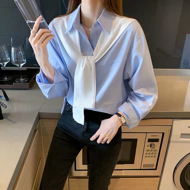 原价59！！文艺范淑女简约翻领长袖衬衫配披肩#BY