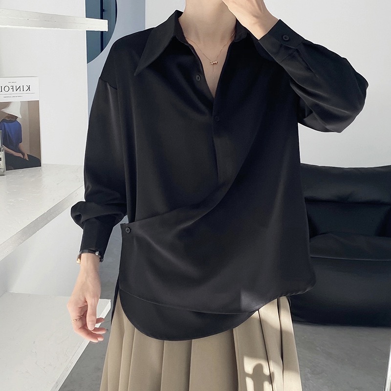 特价法式简约斜门襟仿醋酸衬衫女宽松显瘦光泽衬衣#IQ