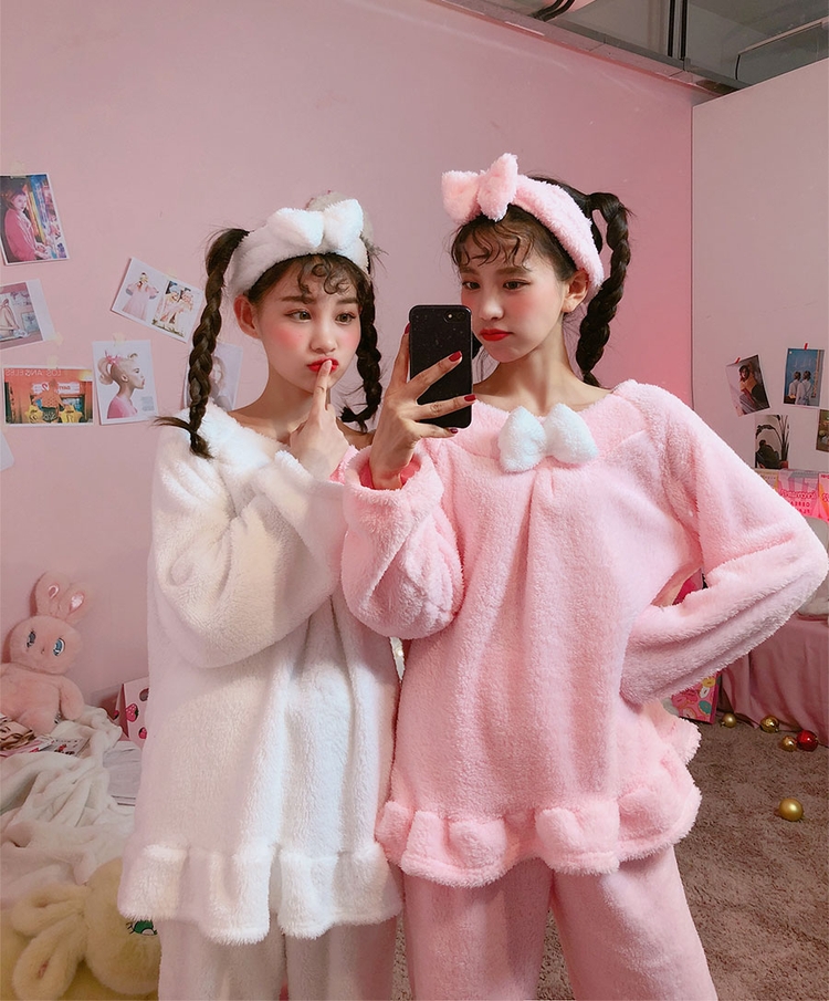 配发带~2色~韩国新品 温暖绒料可爱少女闺蜜长袖 长裤睡衣套装