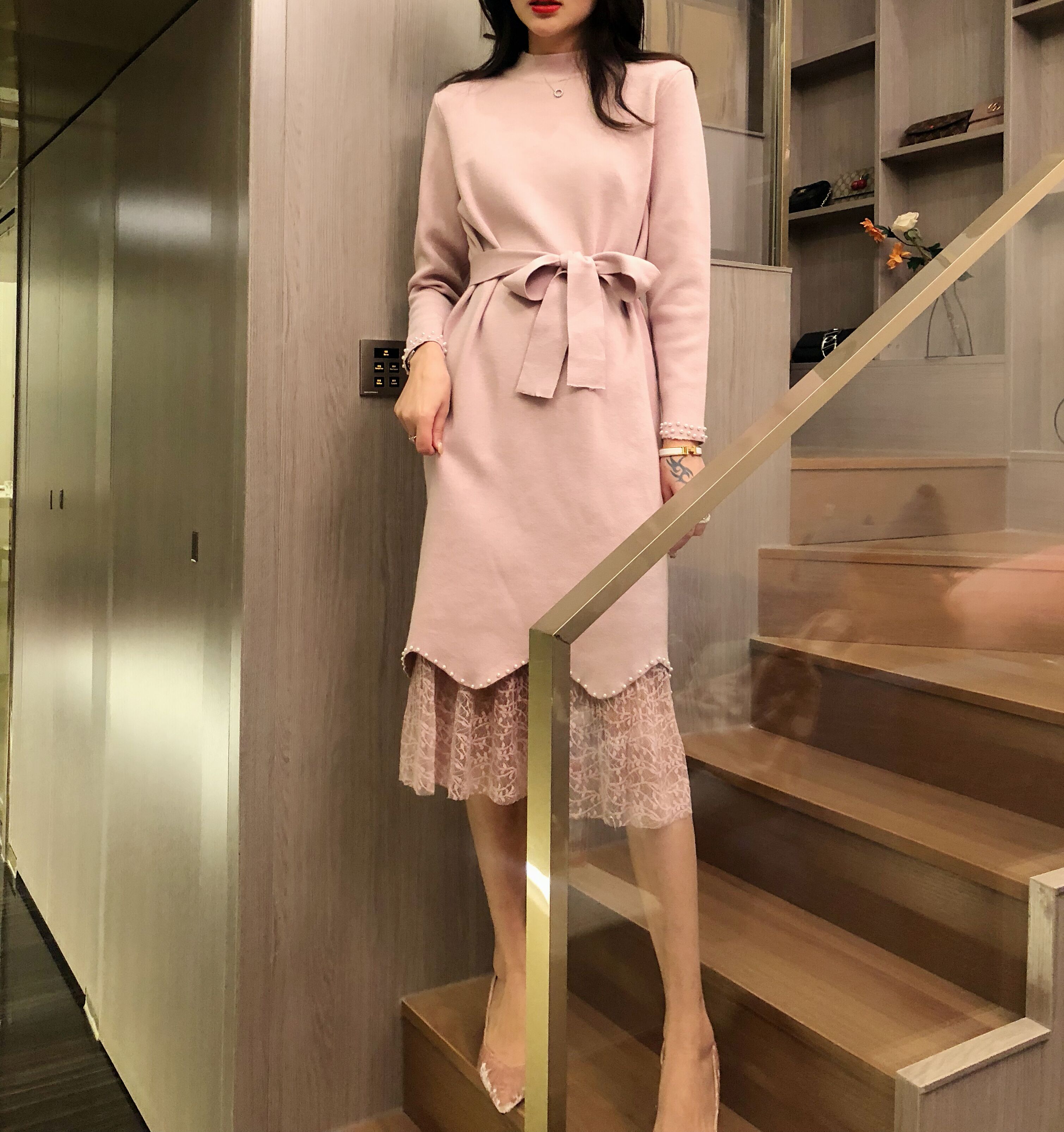 小仙女抖音同款新款秋季名媛风长袖连衣裙女中长款蕾丝长款针织裙