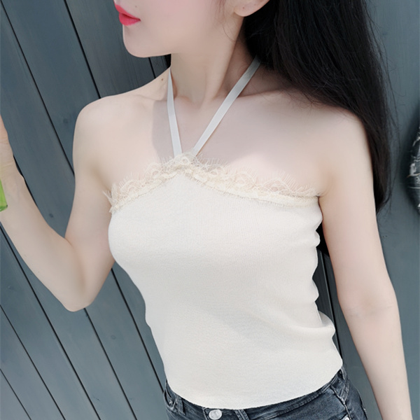 实拍新款肚兜式针织吊带睫毛蕾丝挂脖抹胸裹胸打底衫背心女性感