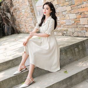 RM15224#夏季新款连衣裙简约气质西装领短袖纯色女装中长裙子