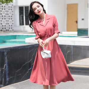 RM15224#夏季新款连衣裙简约气质西装领短袖纯色女装中长裙子
