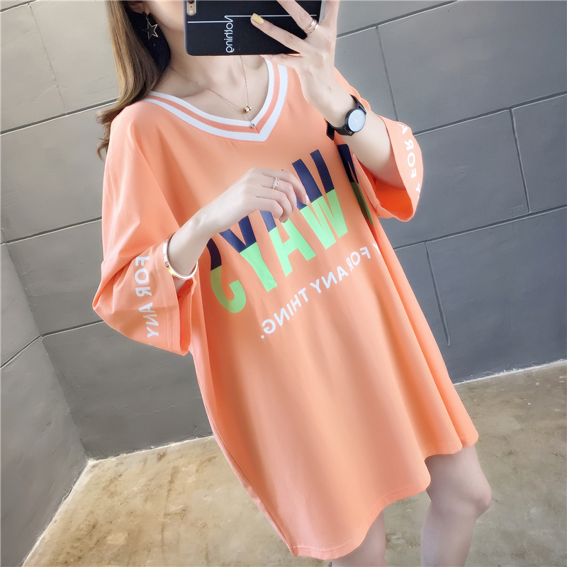 VK旗艦店 韓國學院風字母印花寬鬆T恤長版短袖上衣