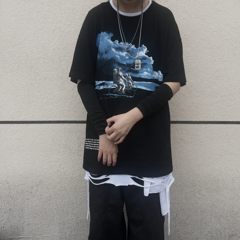 实拍实价 ins街头原宿宇航员3D印花图案短袖t恤男女学生上衣