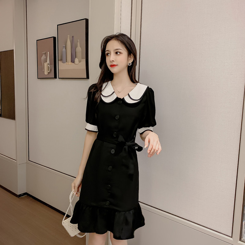 VK旗艦店 韓國風復古小香風娃娃領拼接撞色短袖洋裝