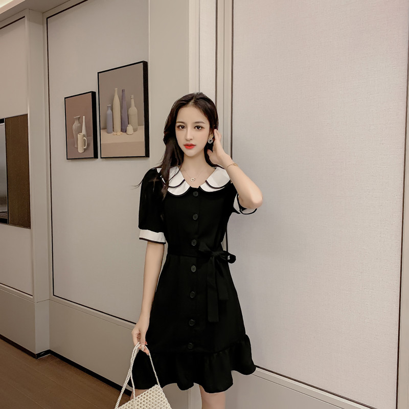 VK旗艦店 韓國風復古小香風娃娃領拼接撞色短袖洋裝