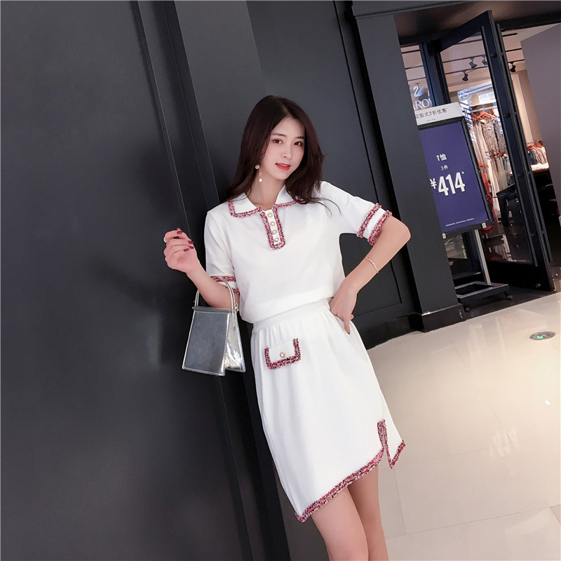 VK旗艦店 韓國小香風針織撞花邊套裝短袖裙裝