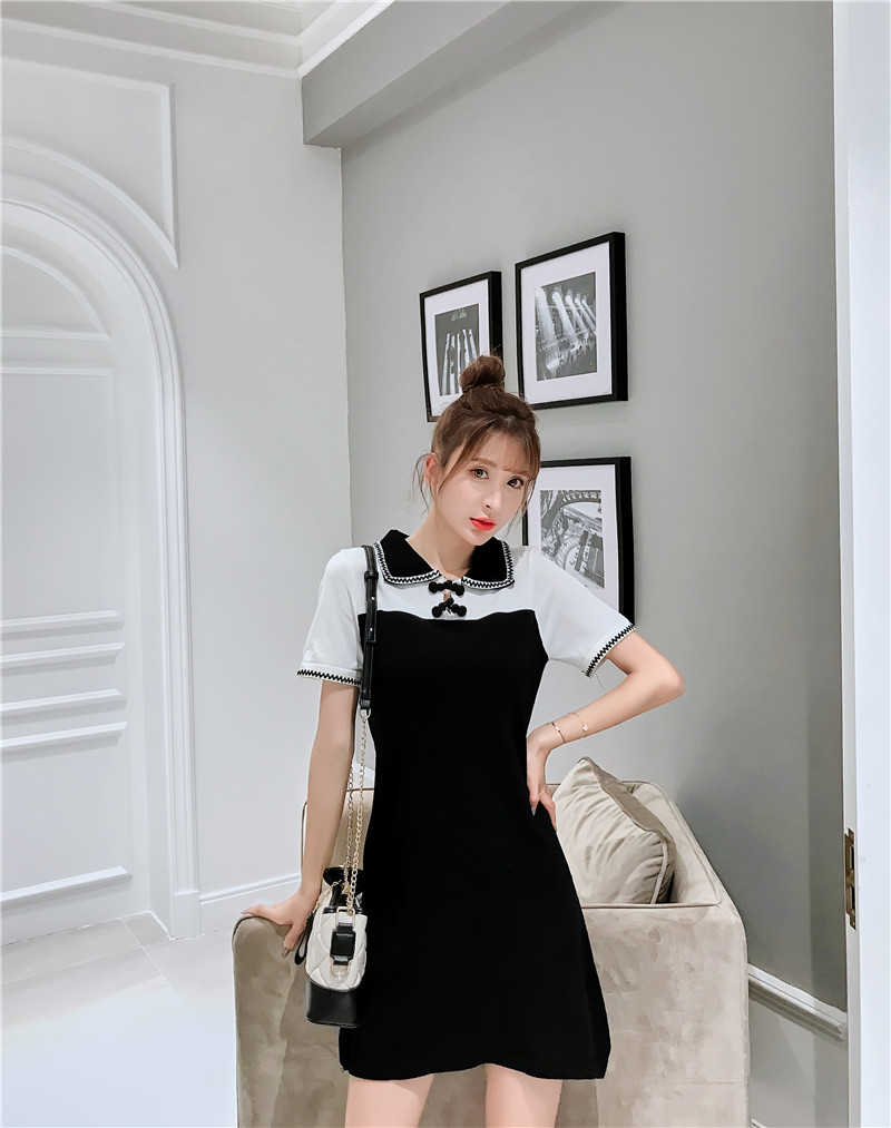 VK旗艦店 韓國風黑白撞色翻領針織短袖洋裝