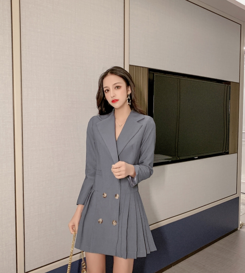 VK旗艦店 韓系小西裝寬鬆休閒氣質灰色西服裙長袖洋裝