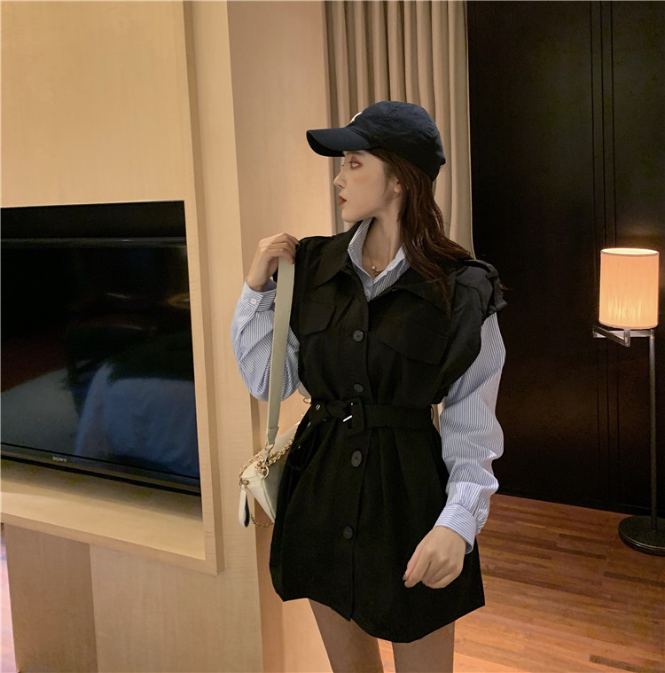 VK旗艦店 韓國風系腰帶翻領單排扣無袖洋裝