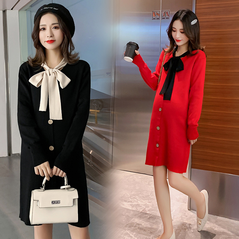 实拍1930#孕妇装毛衣时尚V领系带蝴蝶结连衣裙怀孕期显瘦针织衫潮