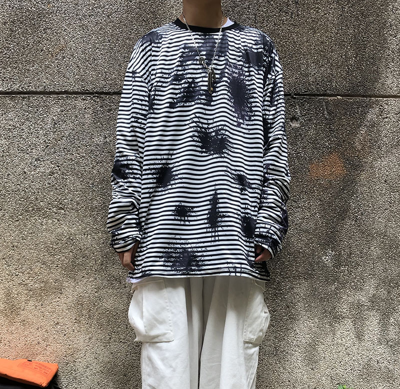 控价+5 实价复古暗黑扎染条纹T恤长袖宽松男女情侣款