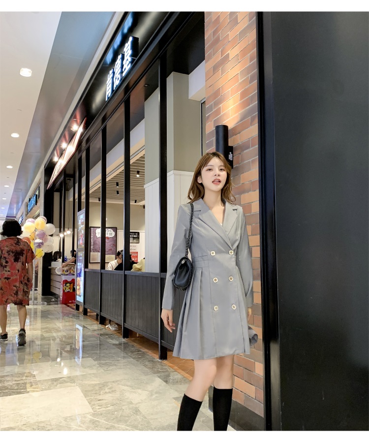 VK旗艦店 韓系百褶雙排釦收腰西裝領顯瘦氣質長袖洋裝