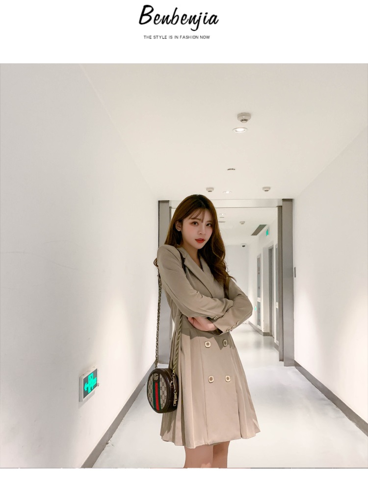 VK旗艦店 韓系百褶雙排釦收腰西裝領顯瘦氣質長袖洋裝