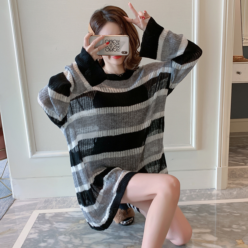实拍现货2019秋冬潮妈条纹针织衫女中长款慵懒风宽松显瘦长袖上衣
