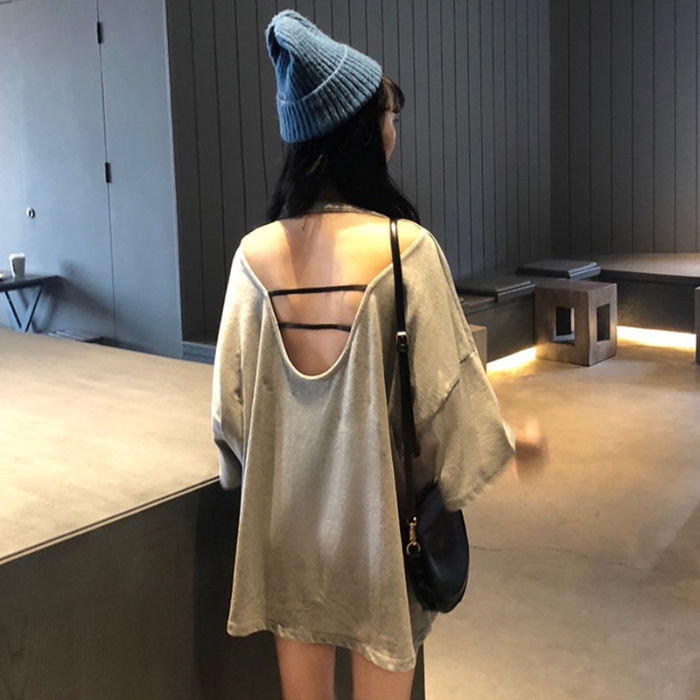 2019港风chic宽松复古镂空露背短袖t恤女ins潮夏装上衣ins打底衫