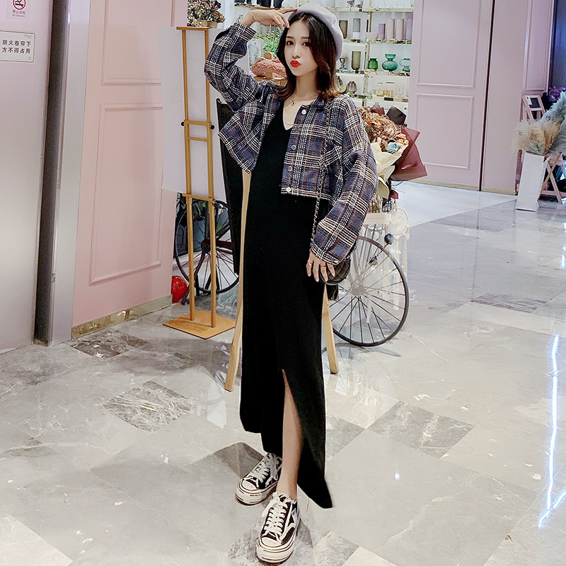 实拍现货2019秋装辣妈时尚套装格子外套针织连衣裙外出二件套春秋