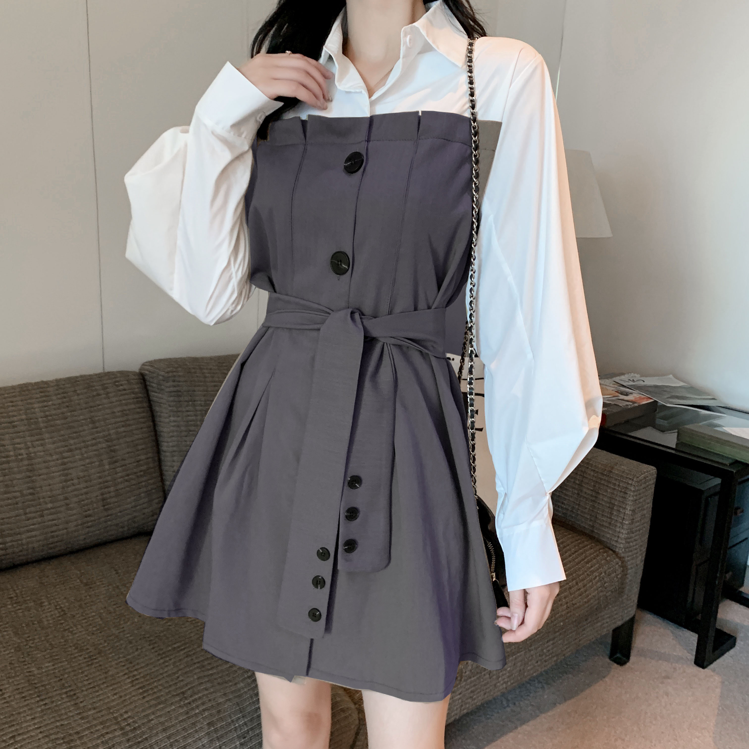 实拍现货大码女装港味撞色网红秋装长袖拼接甜美单排扣收腰显瘦裙