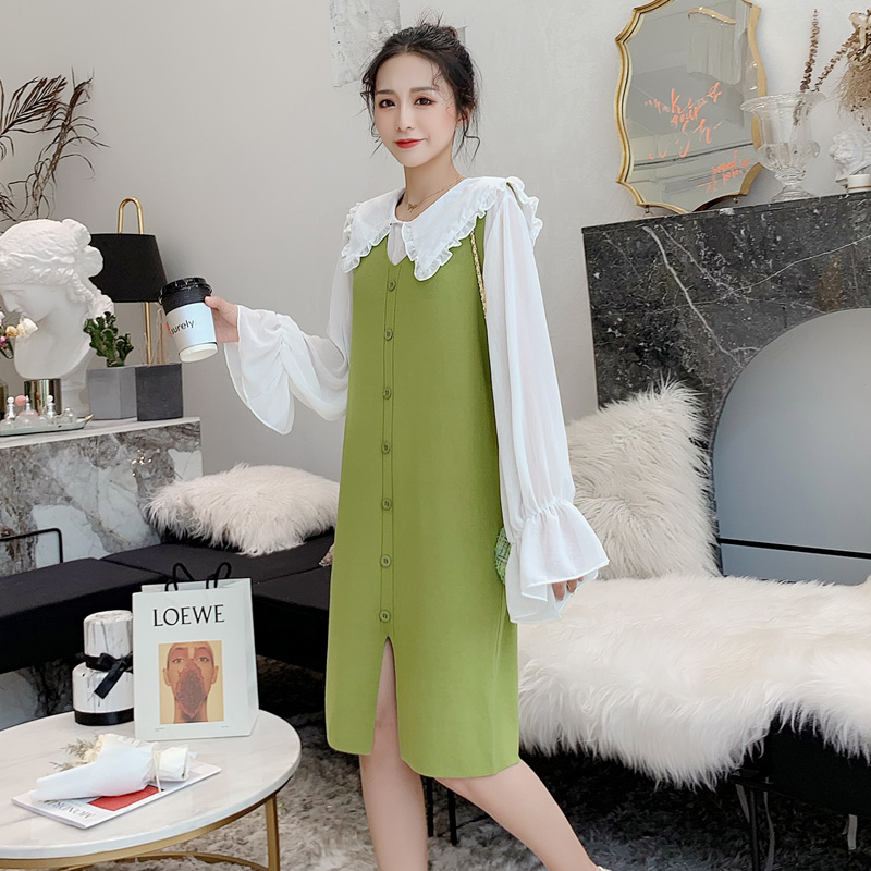 实拍现货2019秋冬潮妈时尚套装娃娃领上衣孕妇针织马甲外出二件套