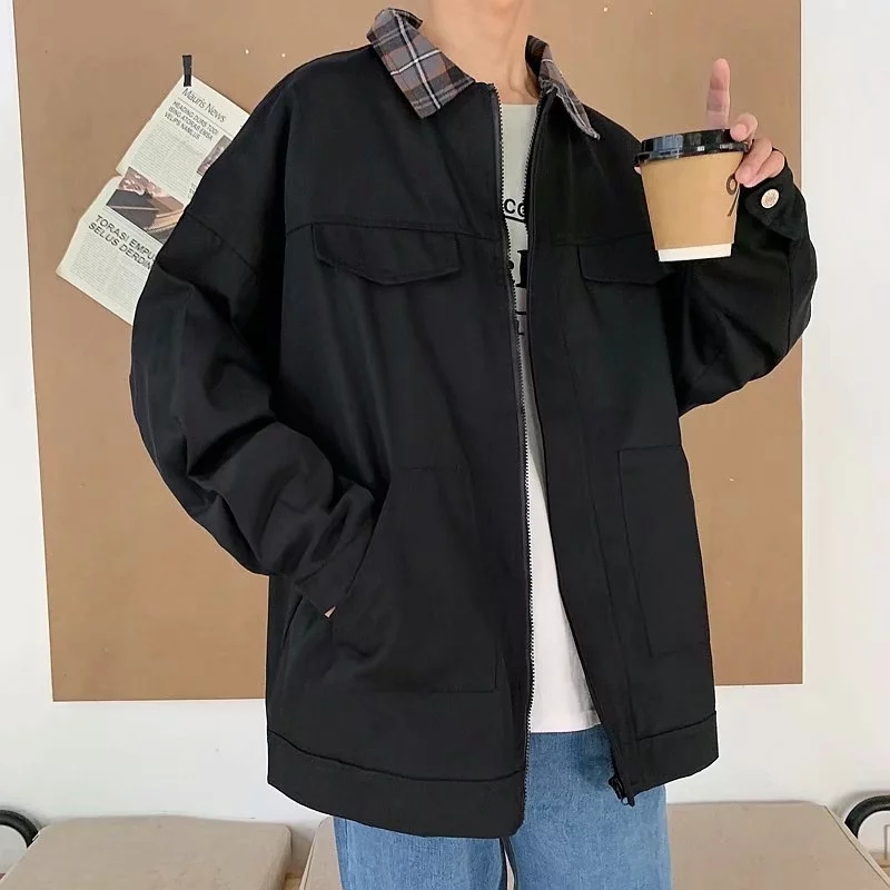 情侣装春秋工装外套男学生韩版宽松港风假两件潮流bf撞色男士夹克