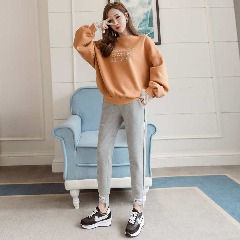 实拍现货2019冬季潮妈加绒时尚纯棉托腹裤运动裤外出孕妇装休闲裤