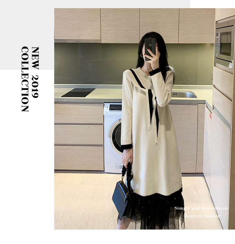 VK旗艦店 韓國風針織毛衣氣質領結長袖洋裝