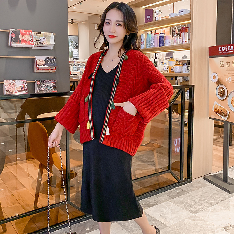 实拍1938#孕妇装秋冬套装复古毛衣开衫外套潮妈针织连衣裙两件套