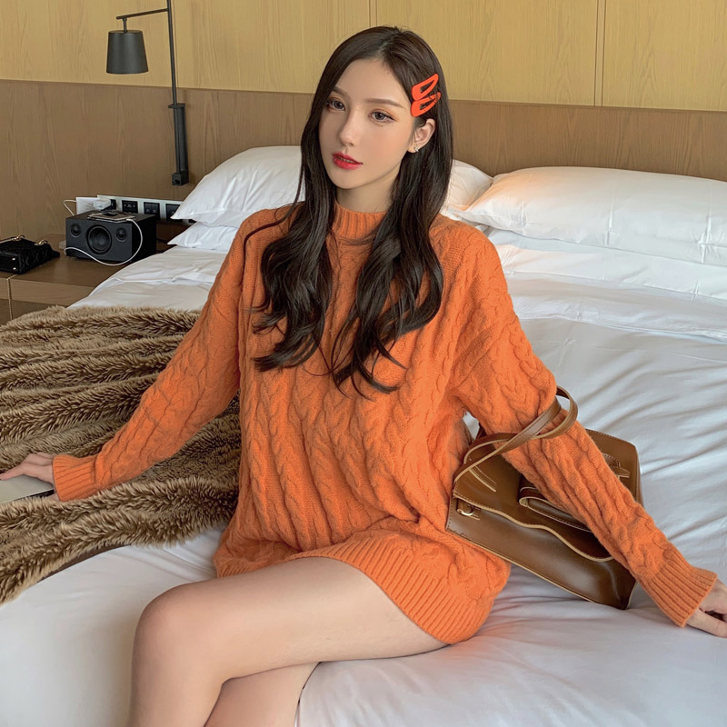 实拍现货2019秋冬潮妈宽松复古韩版麻花毛衣上衣打底裤二件套加厚