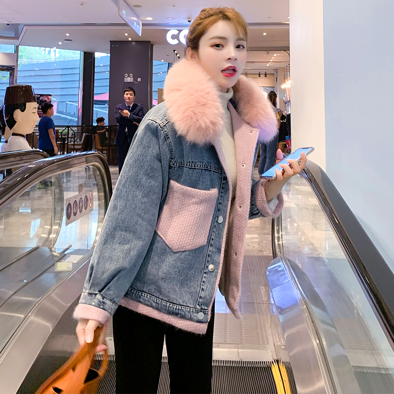 实拍时尚大毛领加绒牛仔棉服女秋冬2019新款加厚宽松拼接棉衣外套