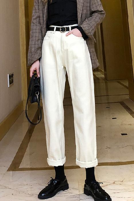 实拍 杏色牛仔裤女宽松高腰米白色老爹萝卜裤休闲cec裤子直筒显瘦