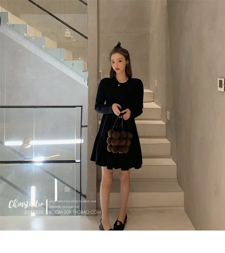 VK旗艦店 韓國風優雅修身名媛荷葉邊針織純色長袖洋裝