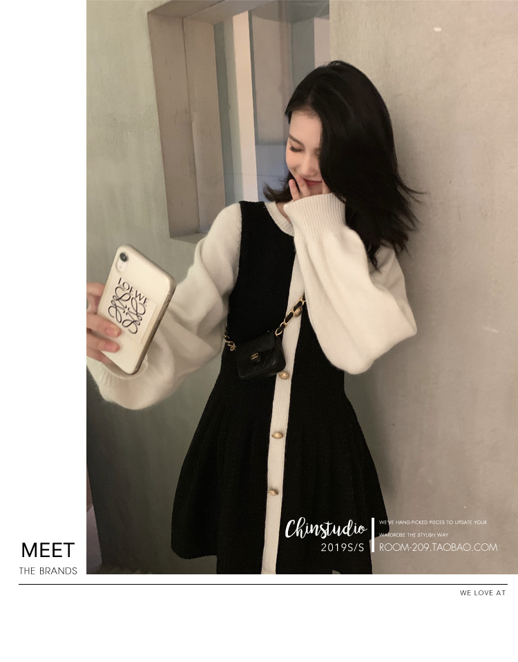 VK旗艦店 韓系修身單排釦裝飾針織黑白撞色長袖洋裝