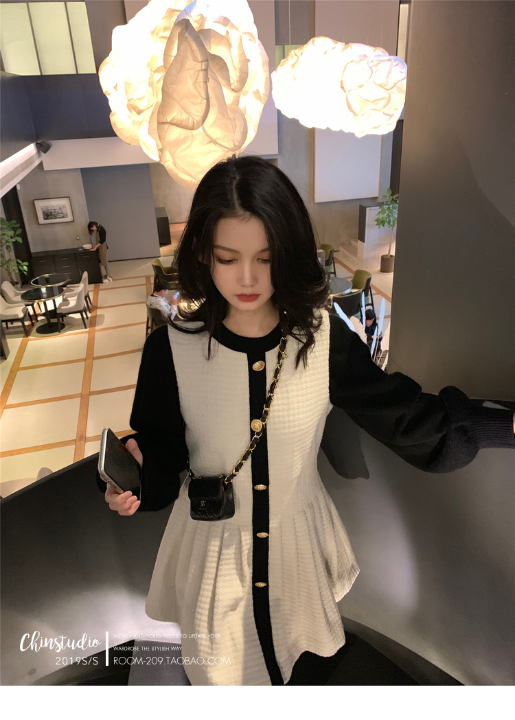 VK旗艦店 韓系修身單排釦裝飾針織黑白撞色長袖洋裝