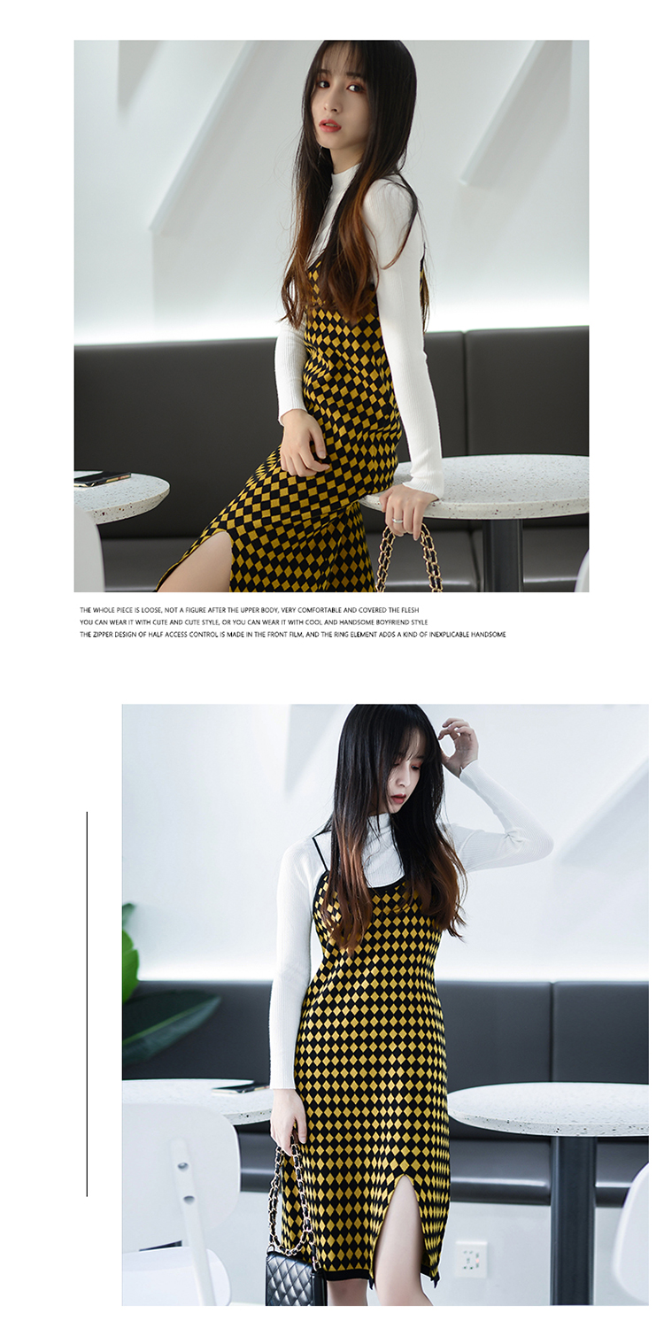 VK旗艦店 韓國風針織氣質千鳥格吊帶裙套裝長袖裙裝