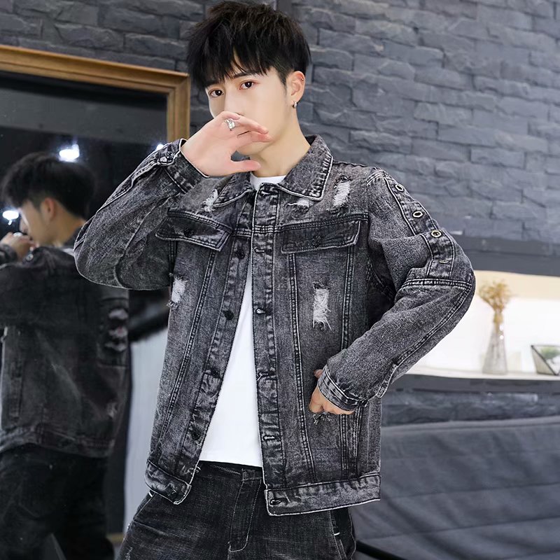 时尚秋冬季新款男秋装上衣牛仔破洞刺绣外套休闲男装潮流青年夹克