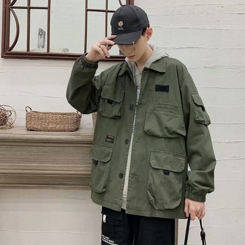 美式复古多口袋工装外套男青年秋季宽松潮牌港风翻领情侣夹克上衣