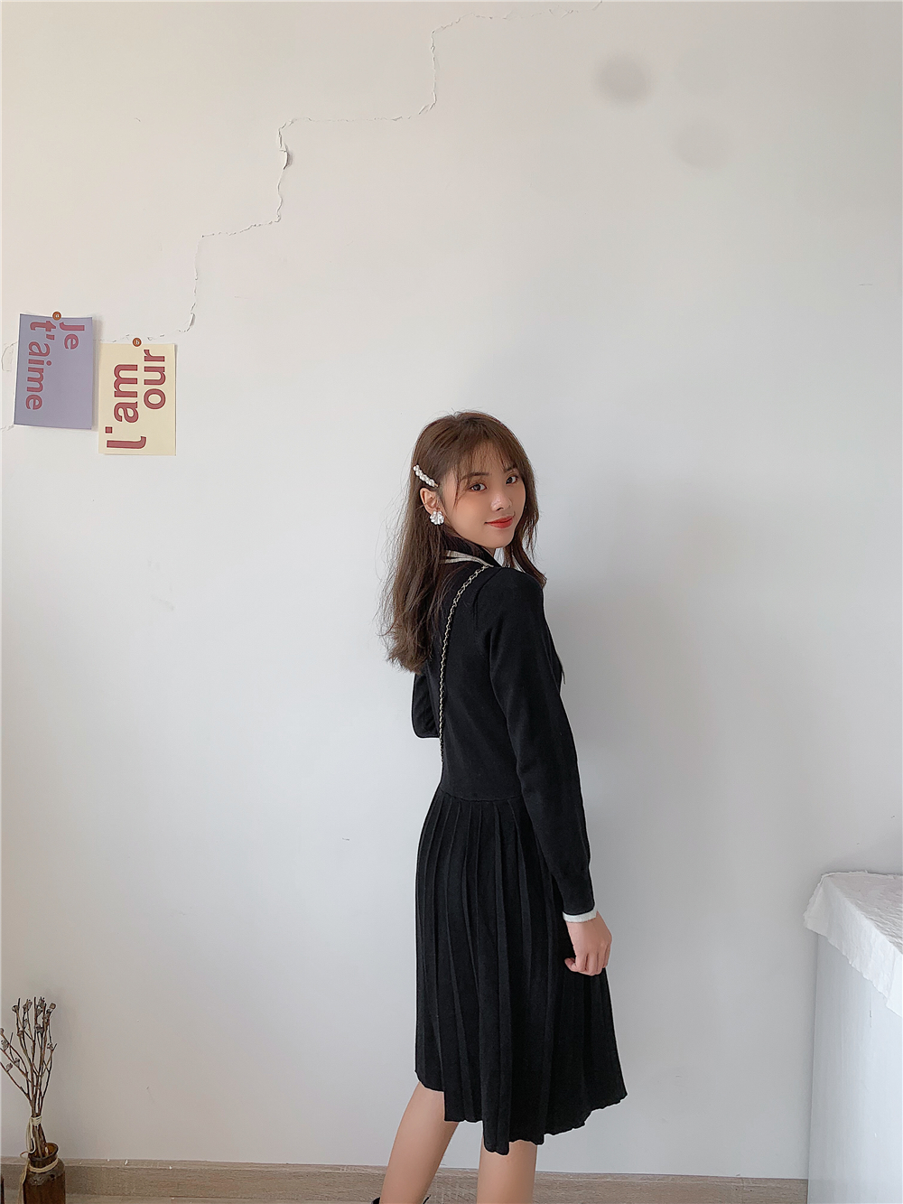 VK旗艦店 韓國風百褶小香風針織領結長袖洋裝