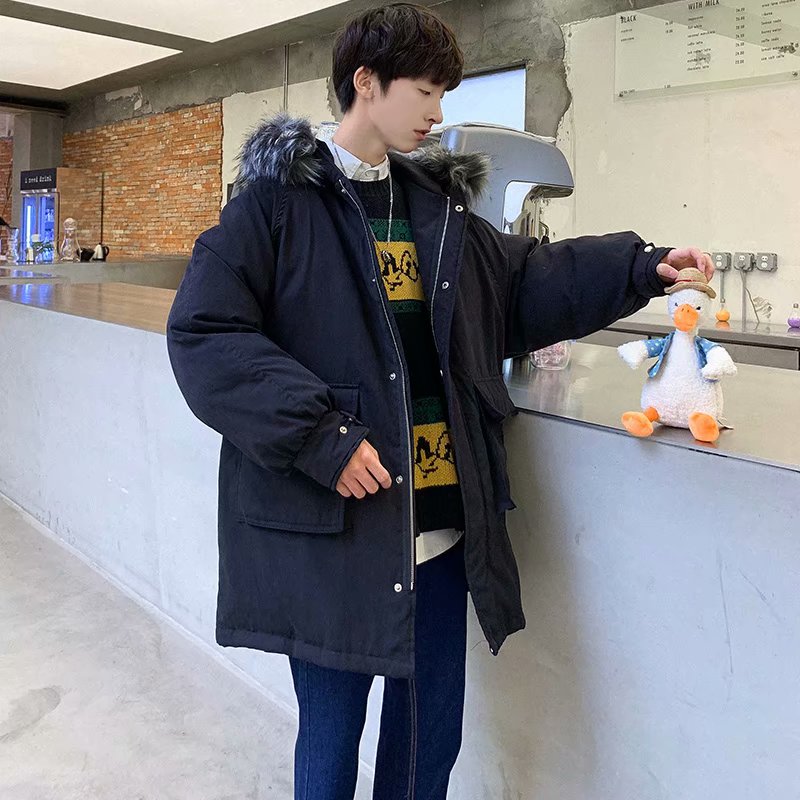 时尚新款棉衣男冬季外套新款韩版中长款羽绒棉服帅气大毛领棉袄潮